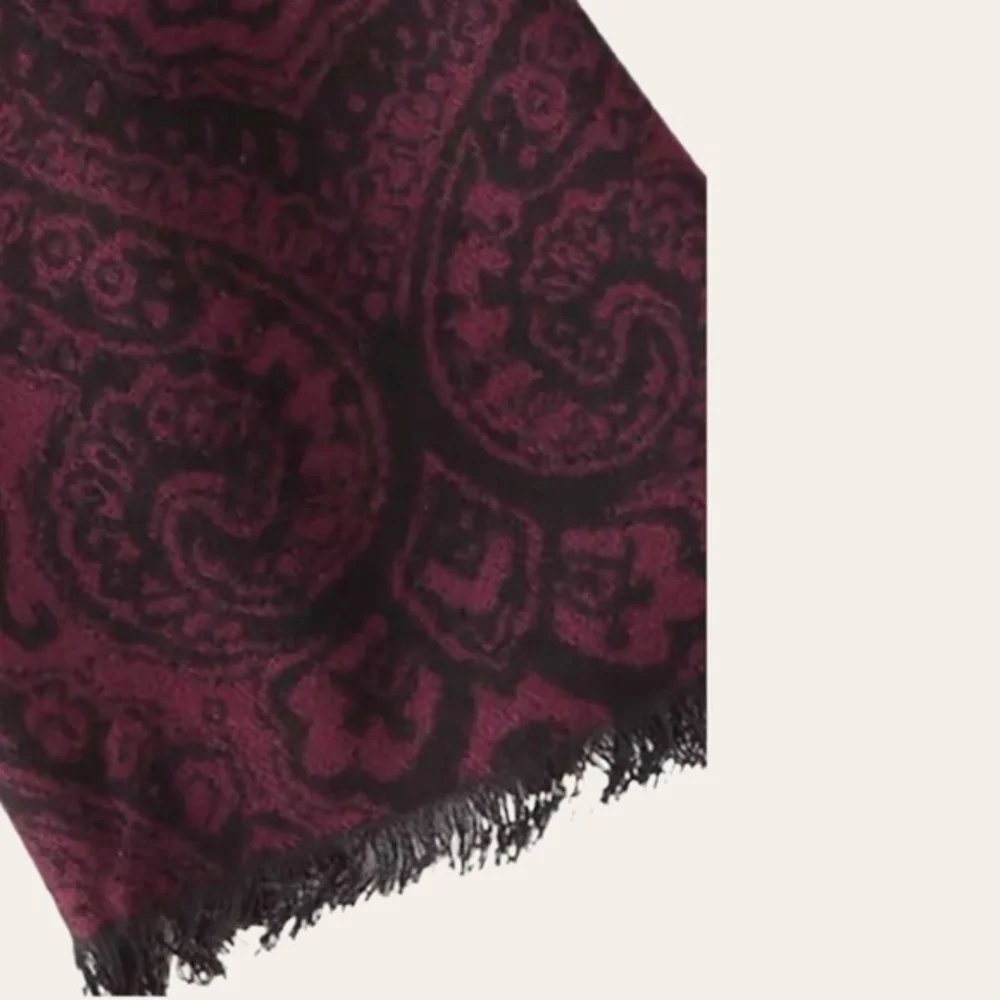 STAGG 70”L Damask Print Burgundy & Brown Viscose Raw Hems Scarf/Wrap NWT